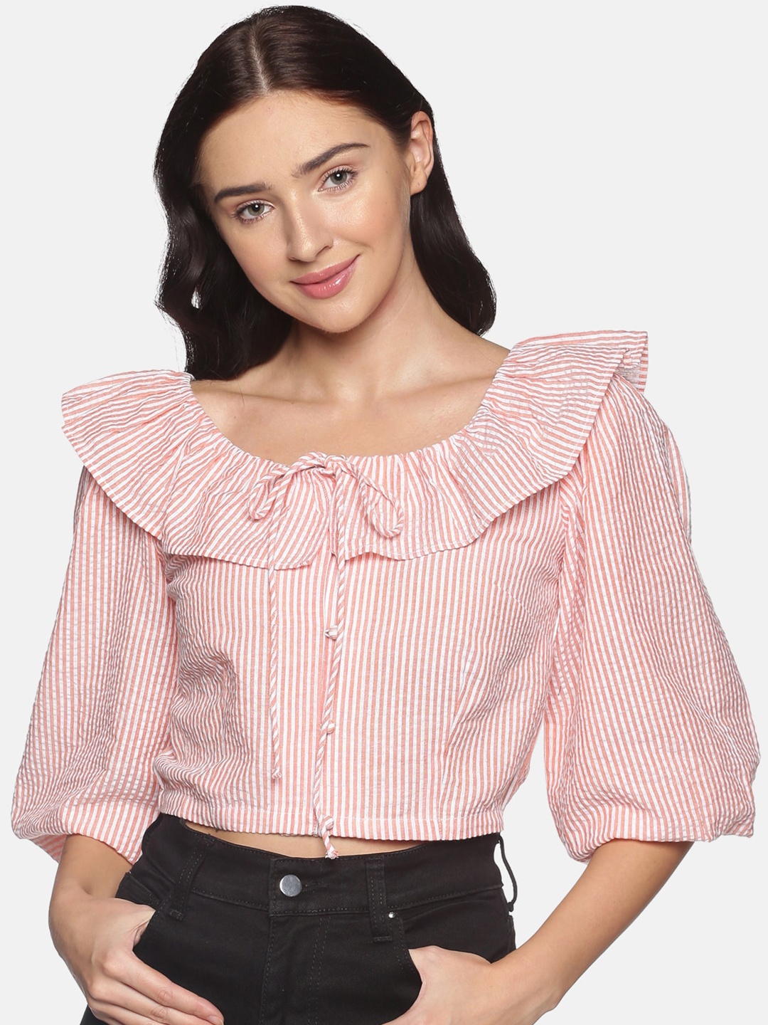 

ISU Women Peach-Coloured Striped Crop Top