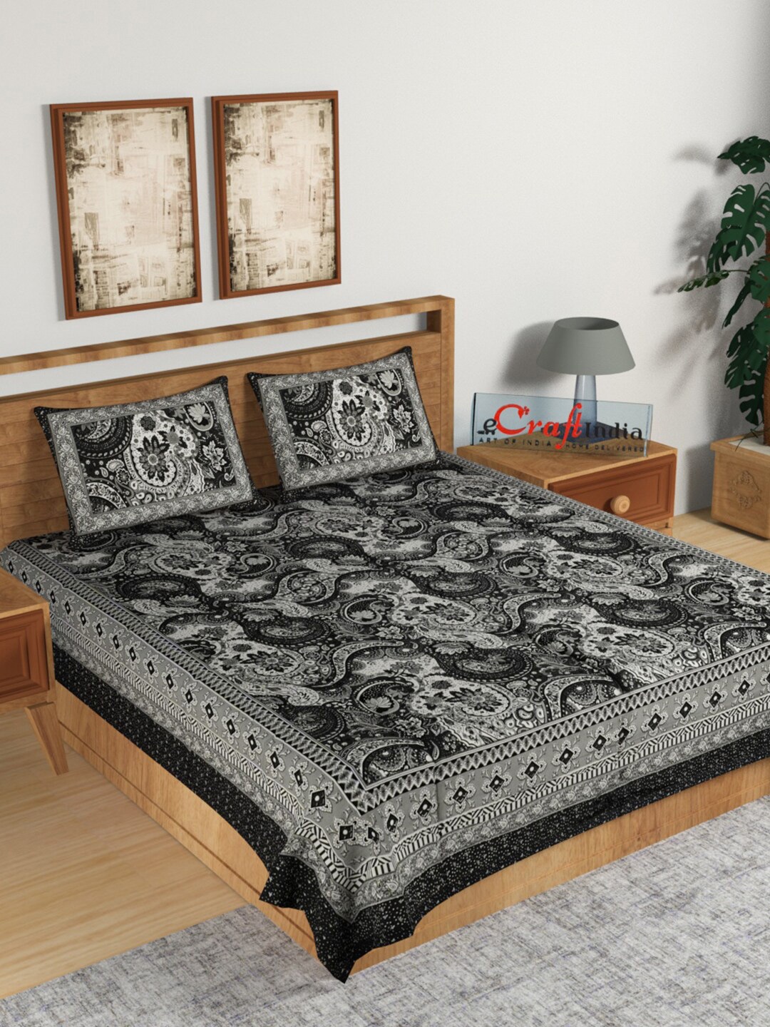

eCraftIndia Black Ethnic Motifs 144 TC Cotton King Bedsheet with 2 Pillow Covers