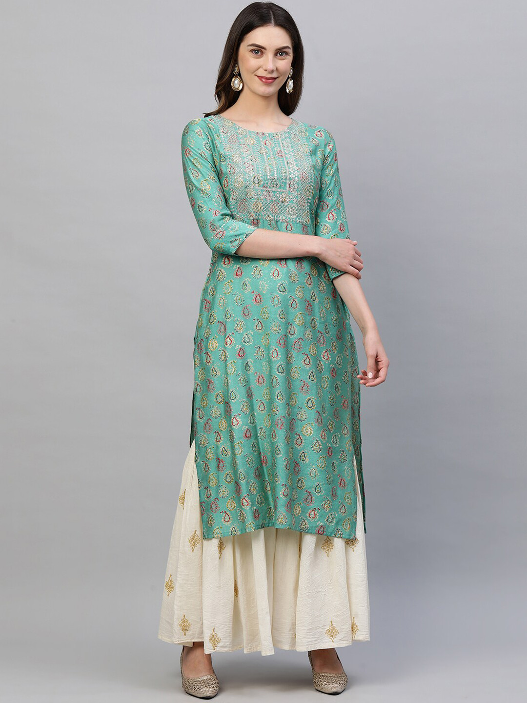 

FASHOR Women Green Ethnic Motifs Printed Thread Work Kurta