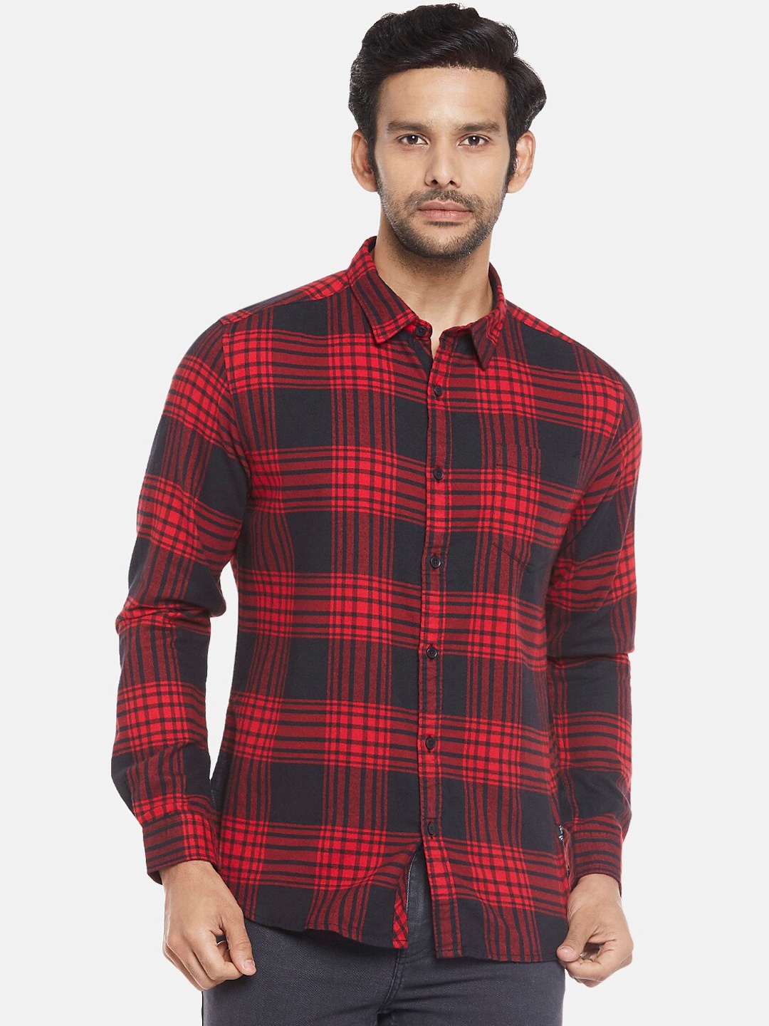 

People Men Red Slim Fit Tartan Checks Cotton Casual Shirt