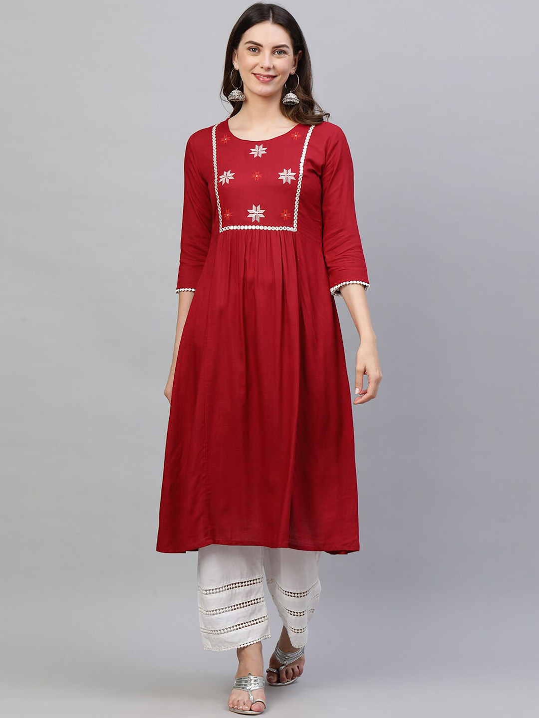 

FASHOR Women Red Embroidered Mirror Work Anarkali Kurta
