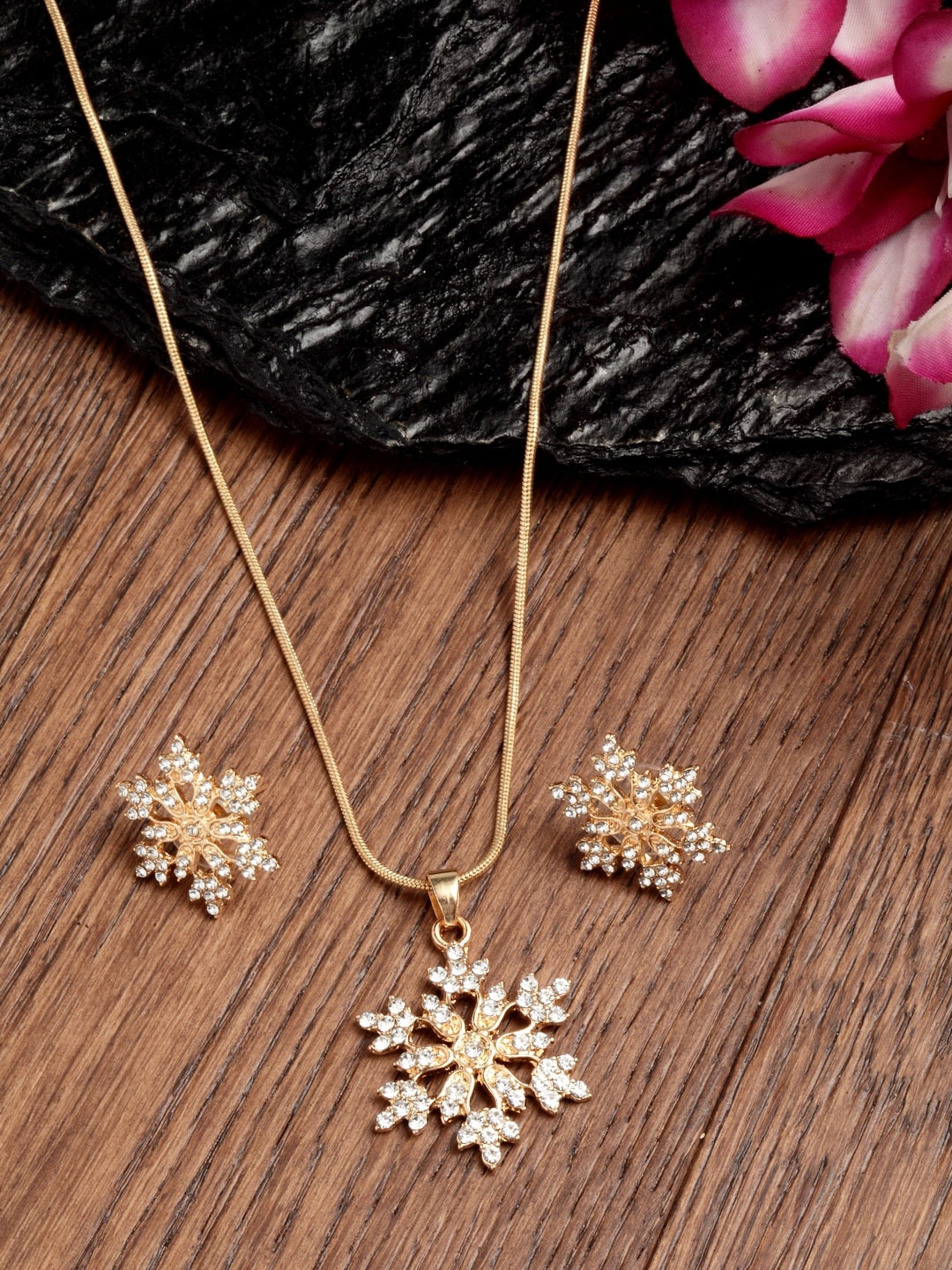 

Ferosh Gold-Toned & White Stone-Studded Snowflake Jewellery Set