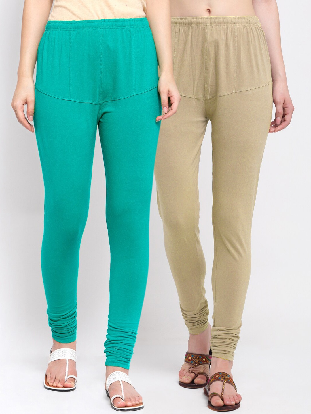 

KLOTTHE Women Pack Of 2 Solid Churidar-Length Cotton Leggings, Sea green