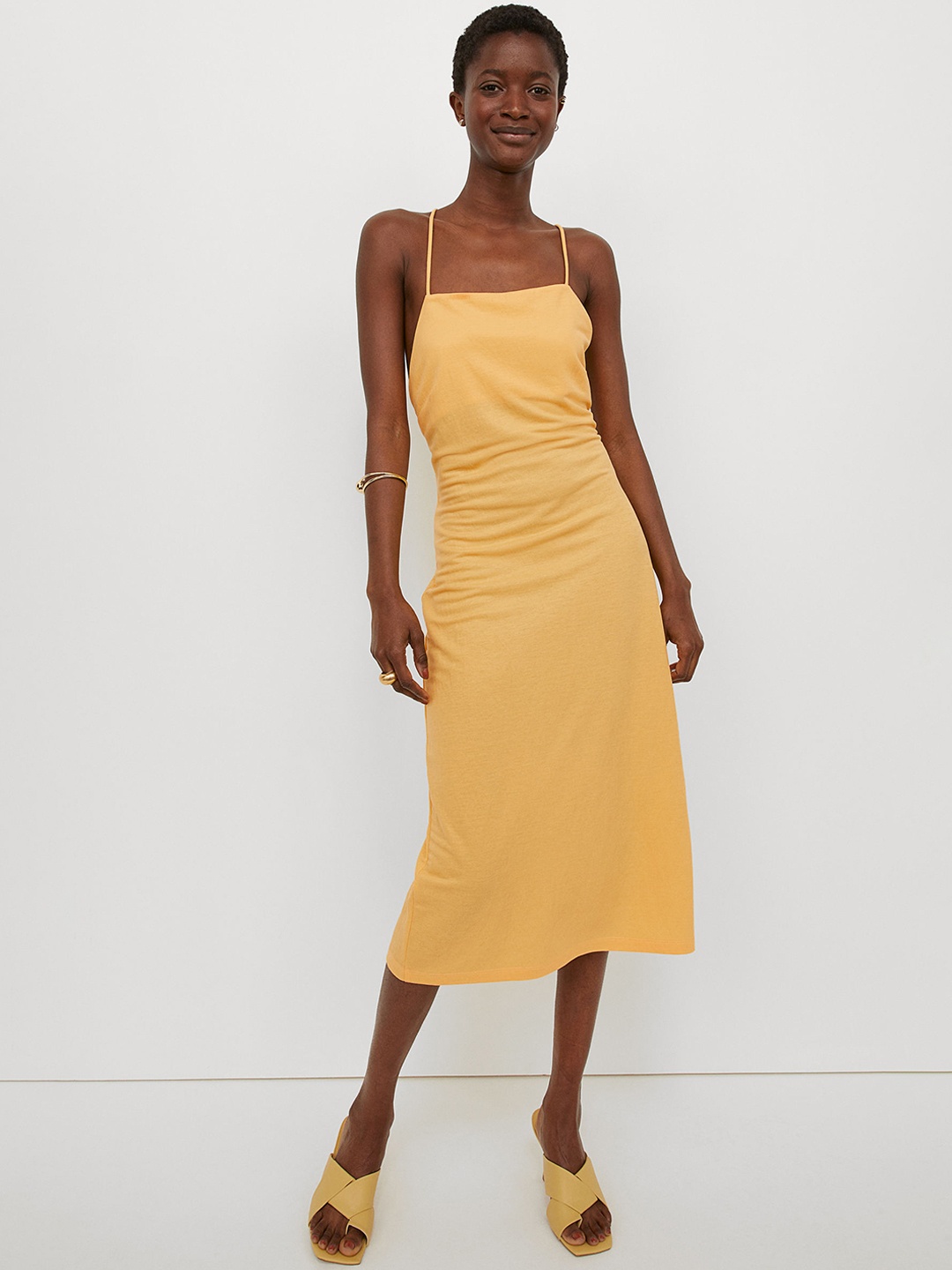 

H&M Women Yellow Solid Calf-Length Dress