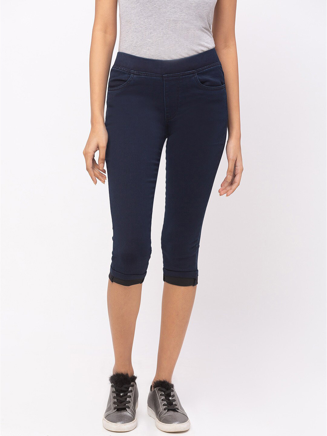 

ZOLA Women Navy Blue Solid Cotton Knee-Length Denim Jeggings