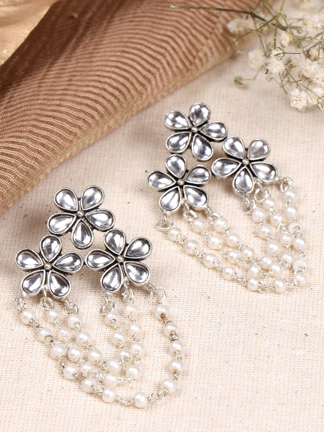 

TEEJH Silver-Plated Floral Drop Earrings