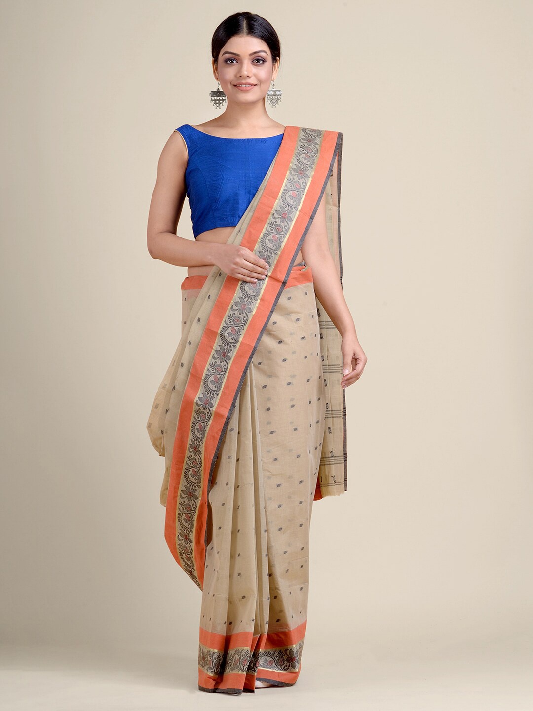 Charukriti Beige & Orange Woven Design Pure Cotton Taant Saree