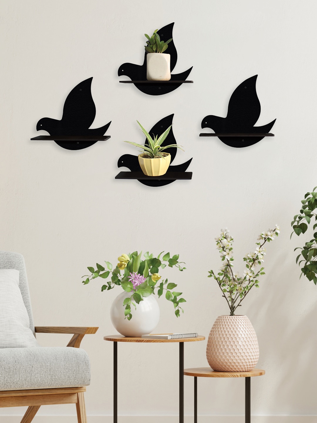 

RANDOM Set Of 4 Black MDF Birds Shaped Basic Wall Plant/Flower Shelf