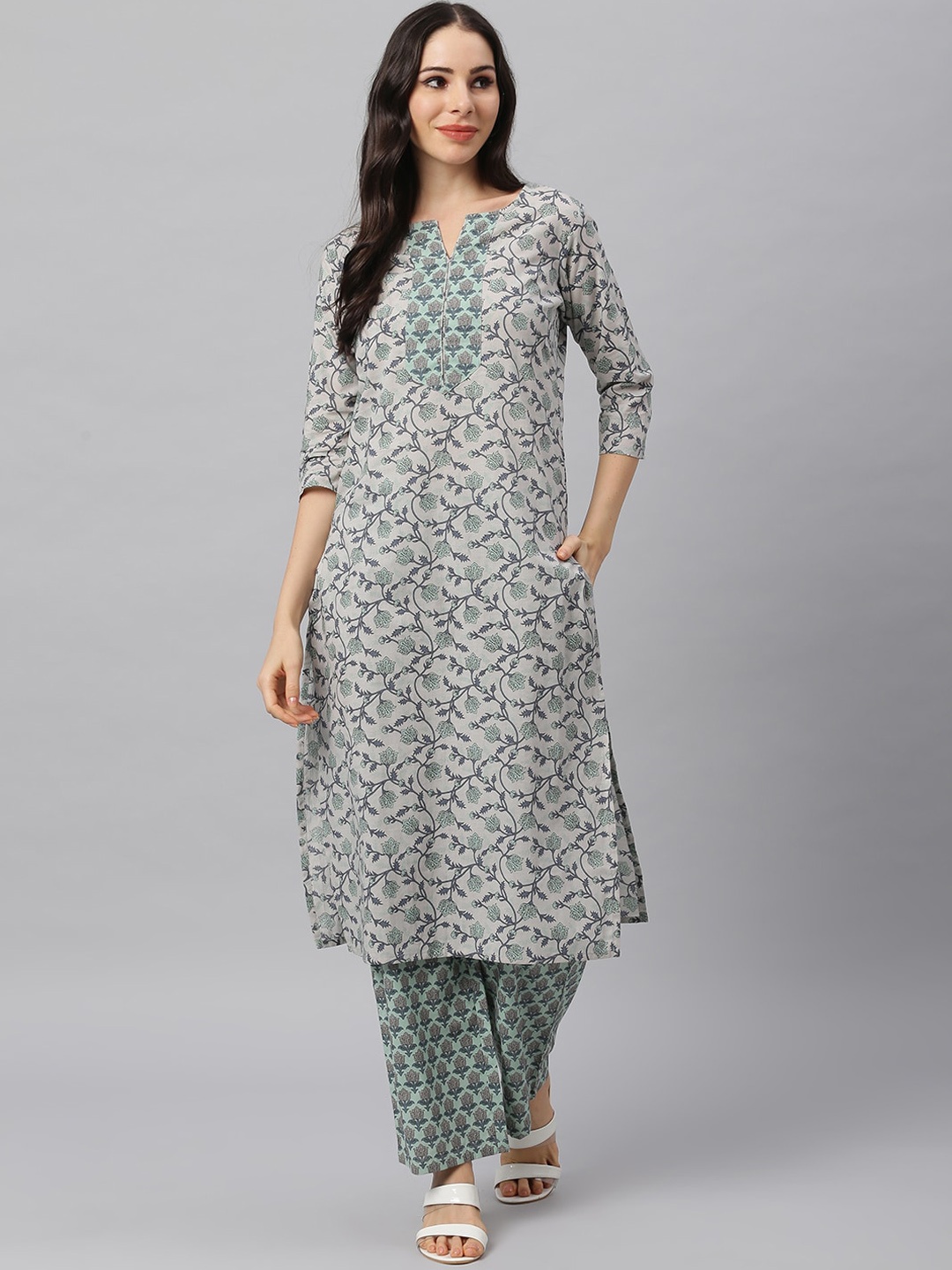 Idalia Women Grey Floral Printed Panelled Pure Cotton Kurta with Trousers