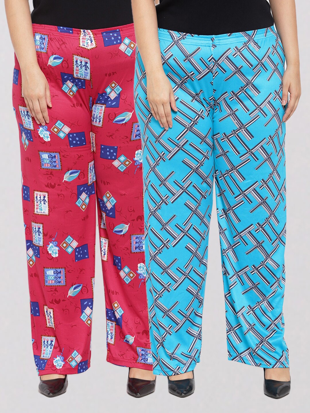 

KLOTTHE Women Red & Turquoise Blue 2 Printed Palazzos