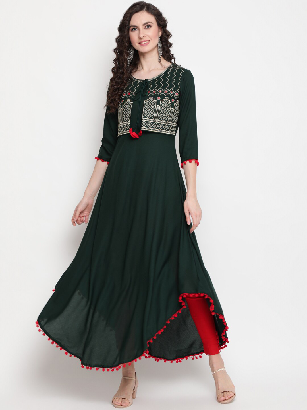 

GULMOHAR JAIPUR Women Bottle Green Geometric Embroidered Kurta