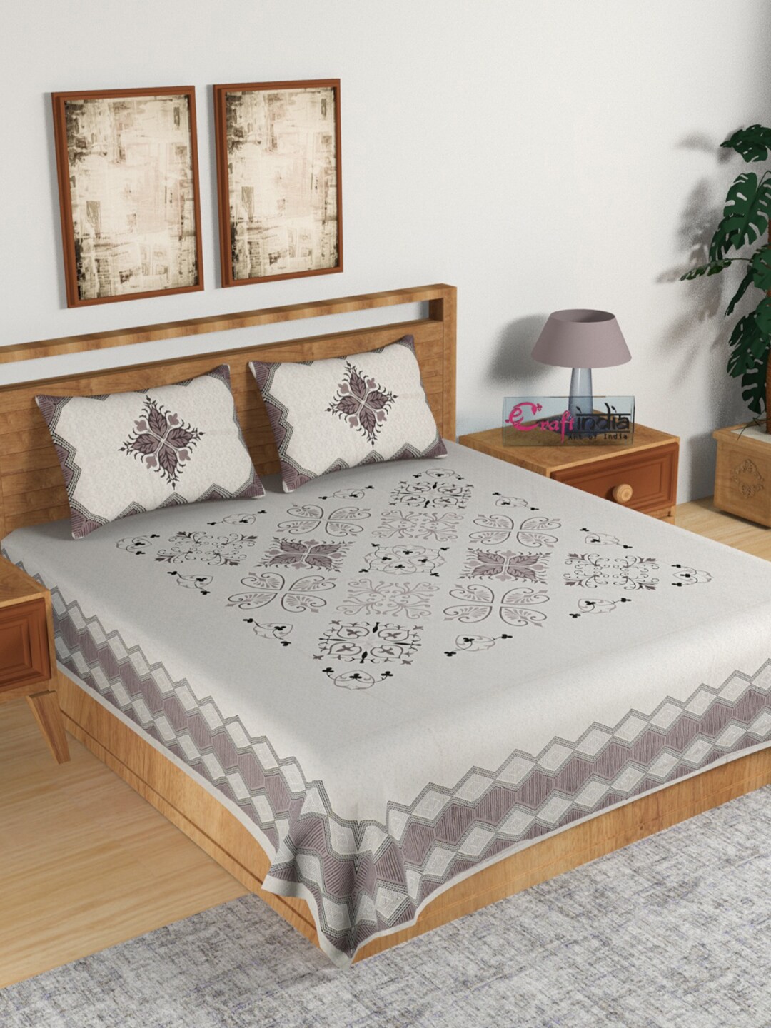 

eCraftIndia White & Purple Ethnic Motifs 180 TC King Bedsheet with 2 Pillow Covers