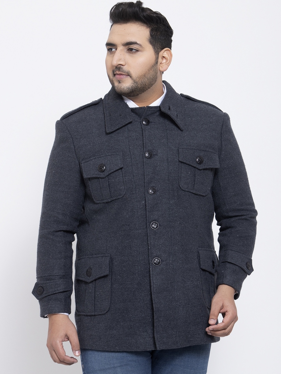 

plusS Men Charcoal Grey Solid Fleece Overcoat