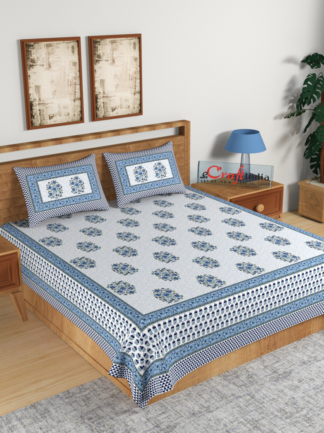 

eCraftIndia Off White & Blue Floral 180 TC Cotton King Bedsheet with 2 Pillow Covers