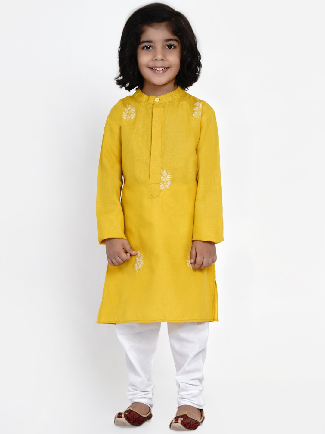 

Bittu By Bhama Boys Mustard Yellow Floral Embroidered Kurta with Pyjamas