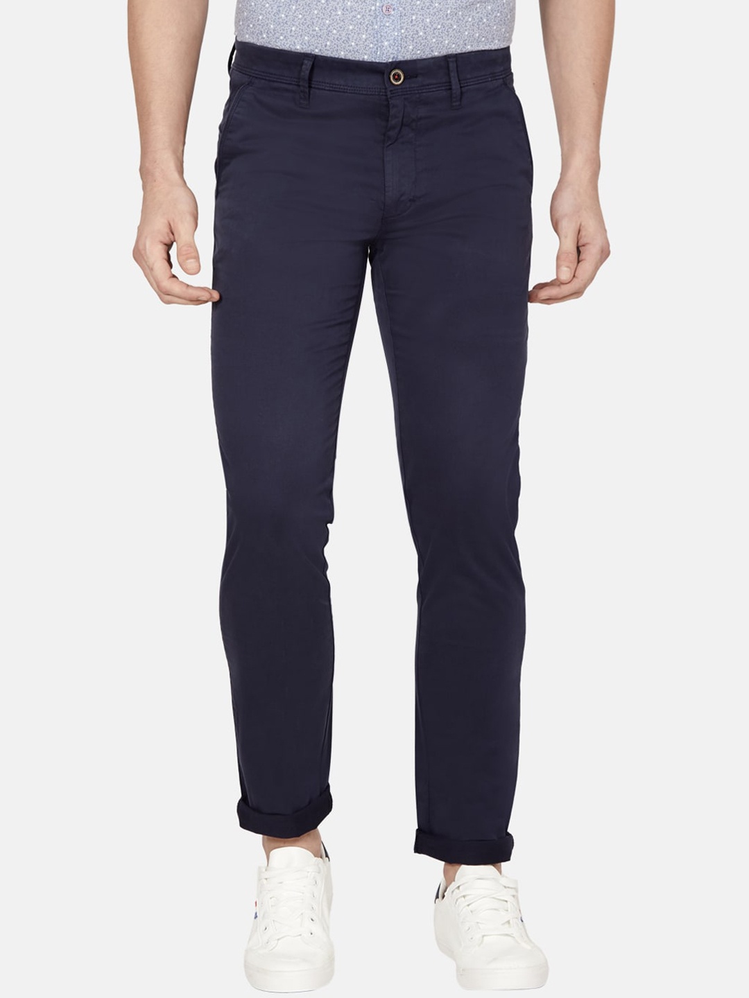 

Oxemberg Men Navy Blue Slim Fit Mid-Rise Trousers