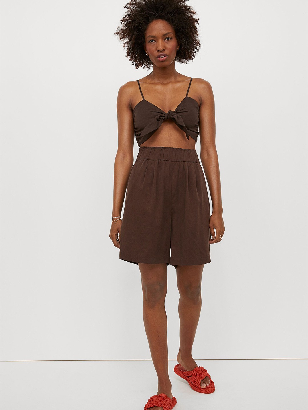 

H&M Women Brown Lyocell Mix Tie Front Crop Top