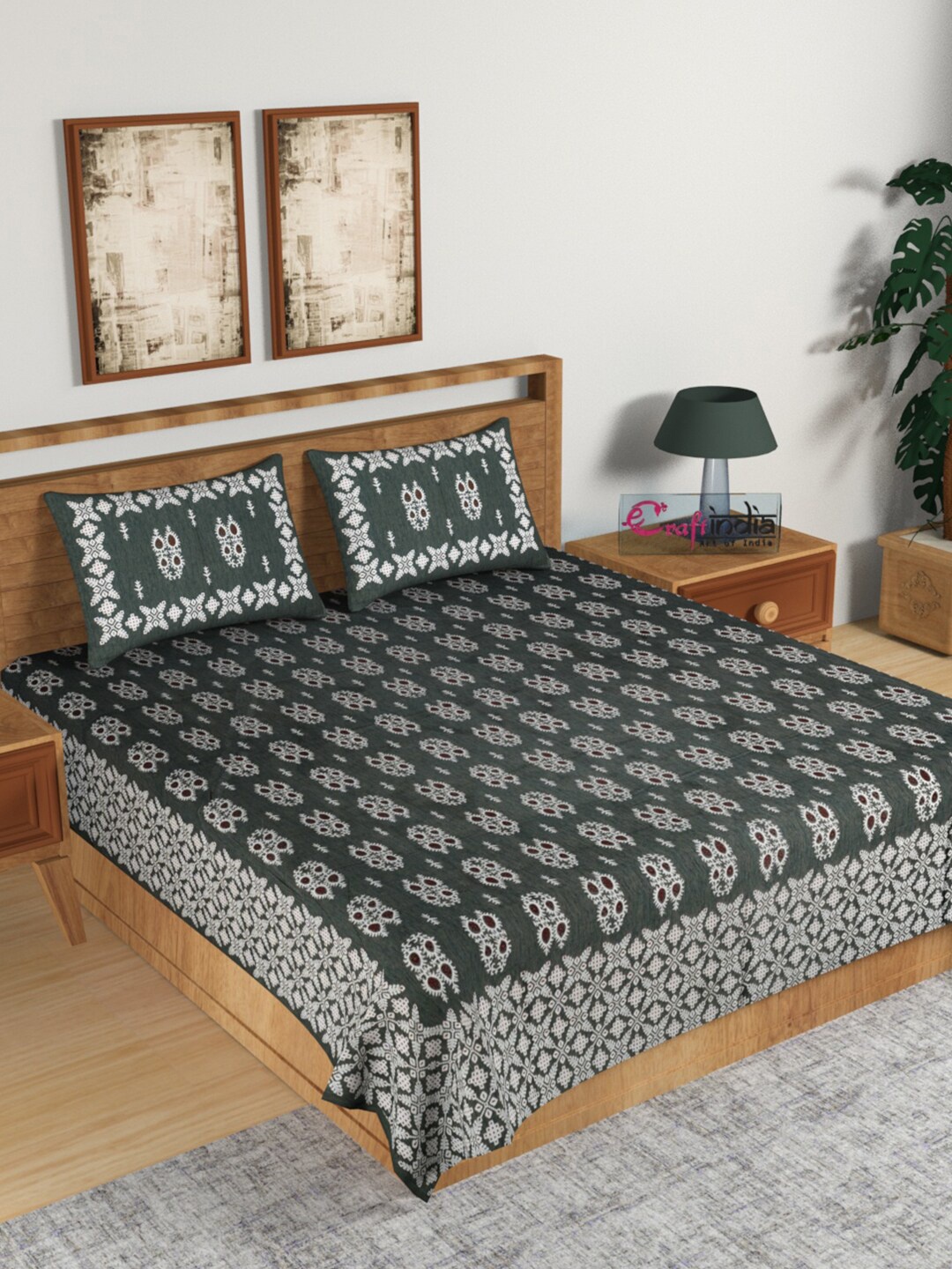 

eCraftIndia Green & White Geometric 180 TC Cotton King Bedsheet with 2 Pillow Covers