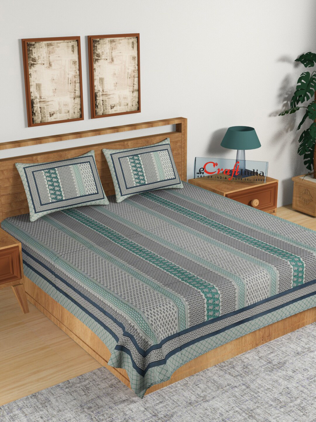 

eCraftIndia Grey & Blue Floral 144 TC Cotton King Bedsheet with 2 Pillow Covers