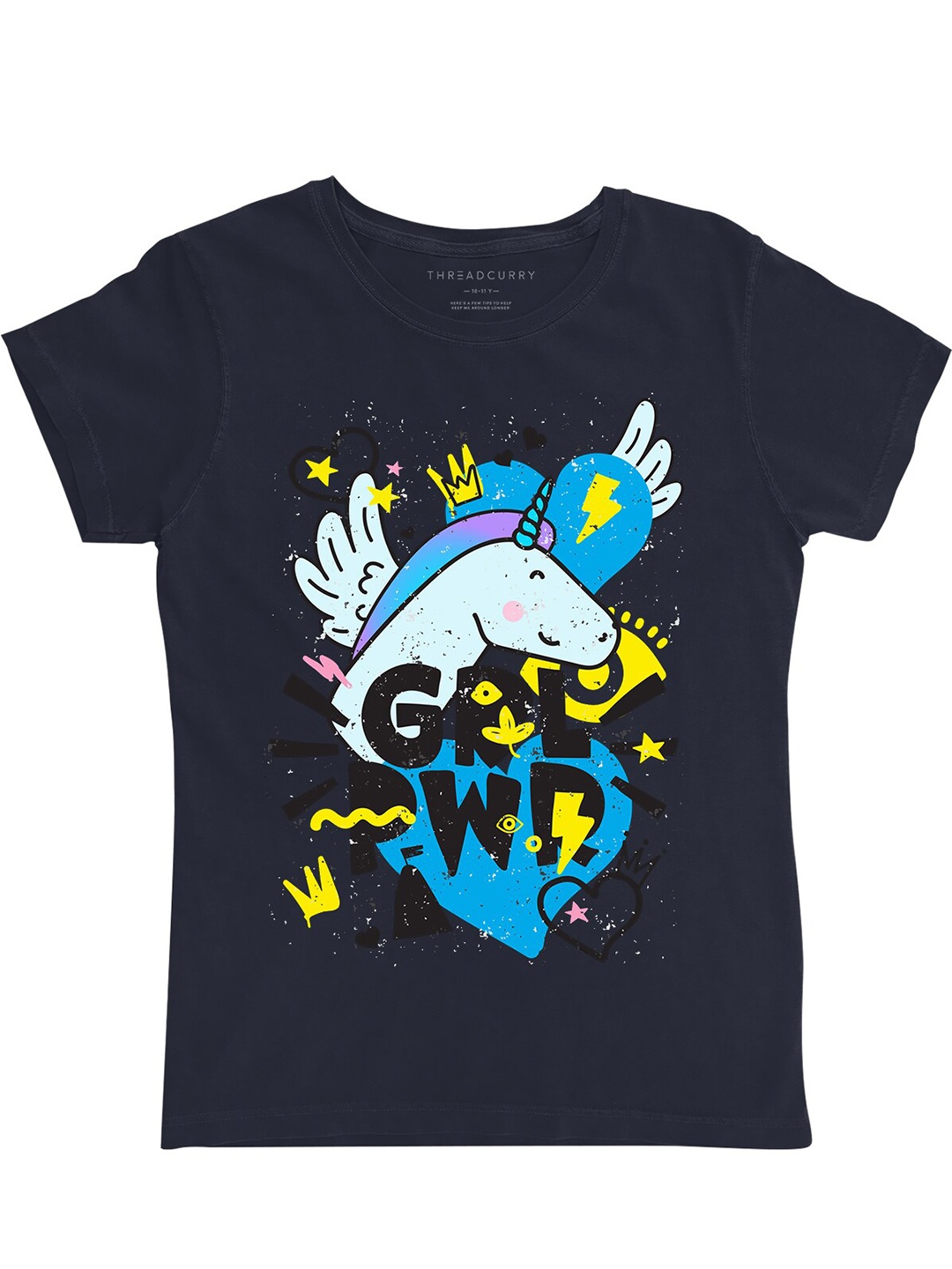 

THREADCURRY Girls Navy Blue Unicorn Printed Round Neck T-shirt