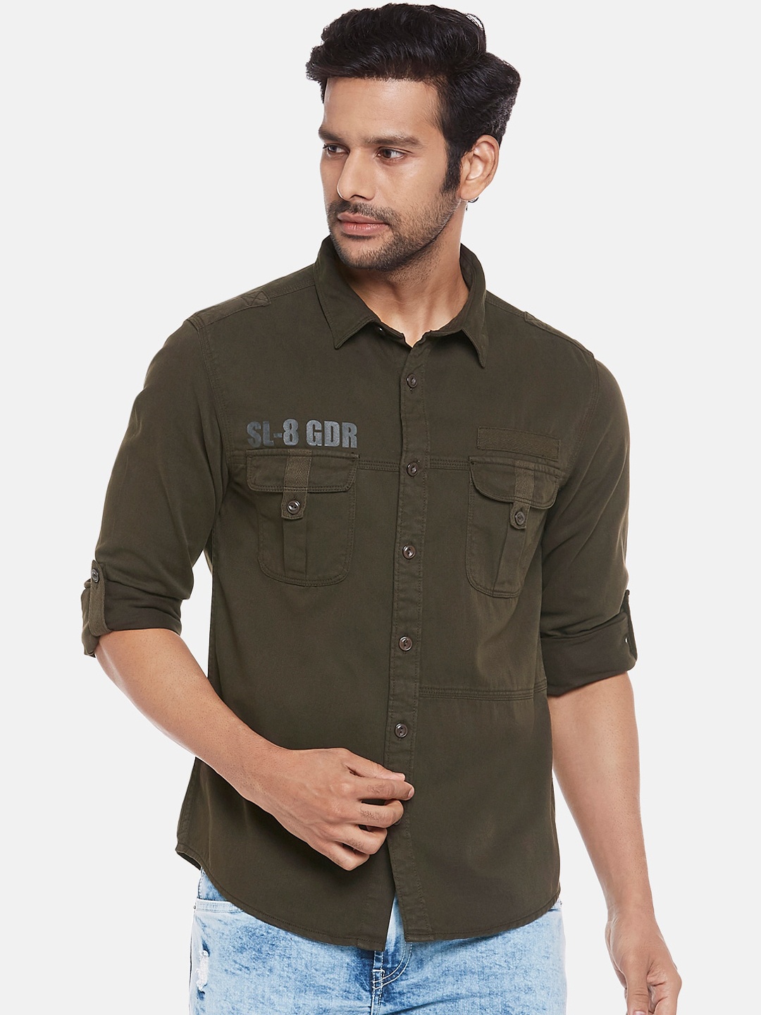 

People Men Olive Green Slim Fit Solid Casual Shirt
