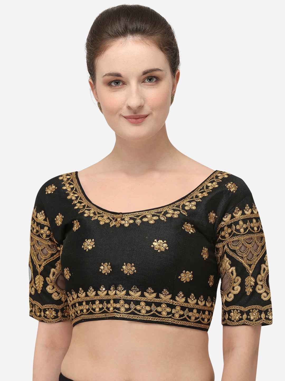 

Amrutam Fab Women Black & Gold-Coloured Embroidered Phantom Silk Stitched Saree Blouse