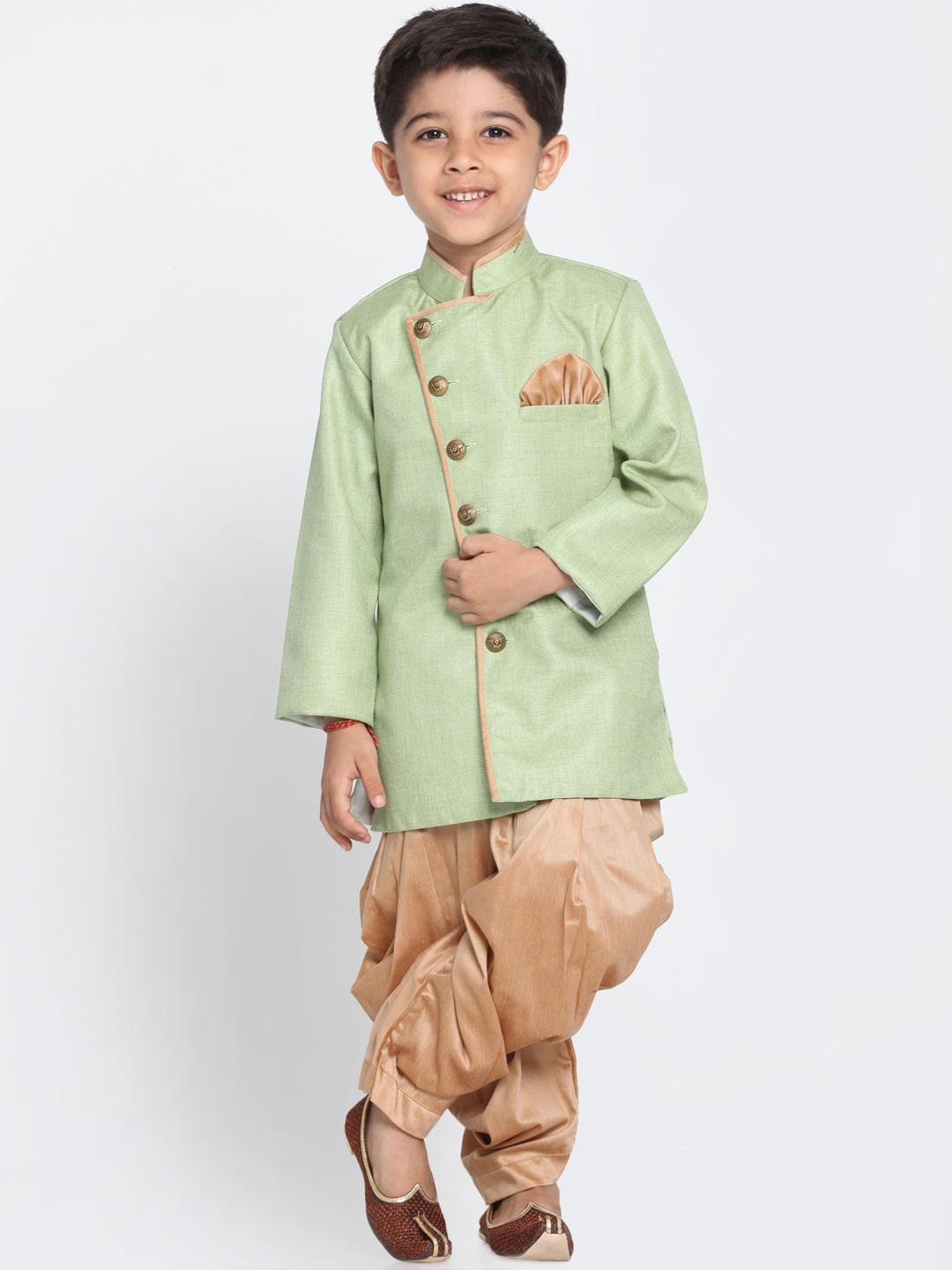 

JBN Creation Boys Green & Rose Gold Solid Sherwani Set