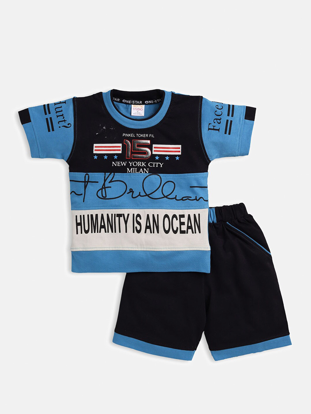 

Nottie Planet Boys Blue & Black Printed T-shirt with Shorts