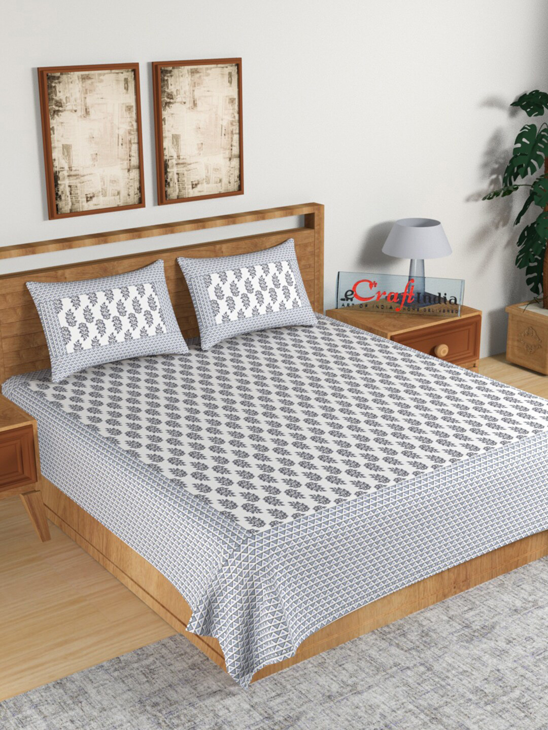 

eCraftIndia White & Grey Ethnic Motifs 180 TC King Bedsheet with 2 Pillow Covers