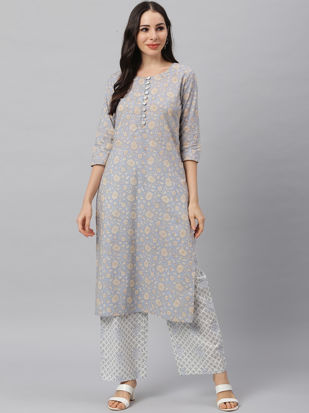 

Idalia Women Blue Floral Printed Pure Cotton Kurta with Palazzos