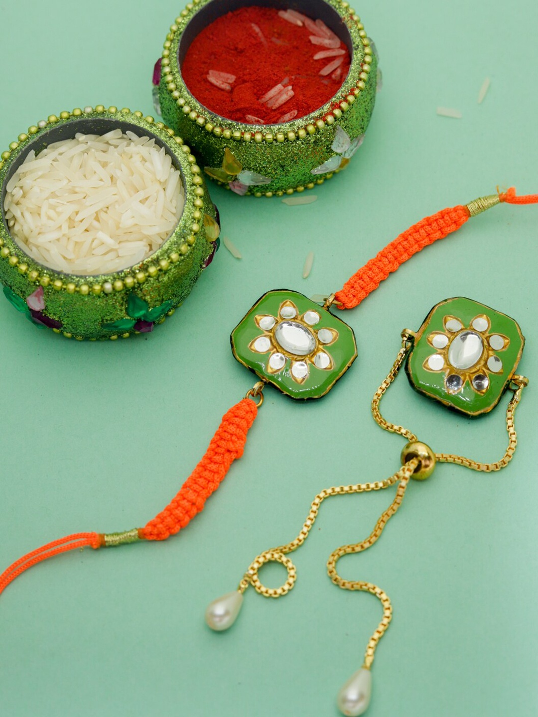 Shoshaa Kundan Reversible Design Meenakari Rakhi Combo, Green