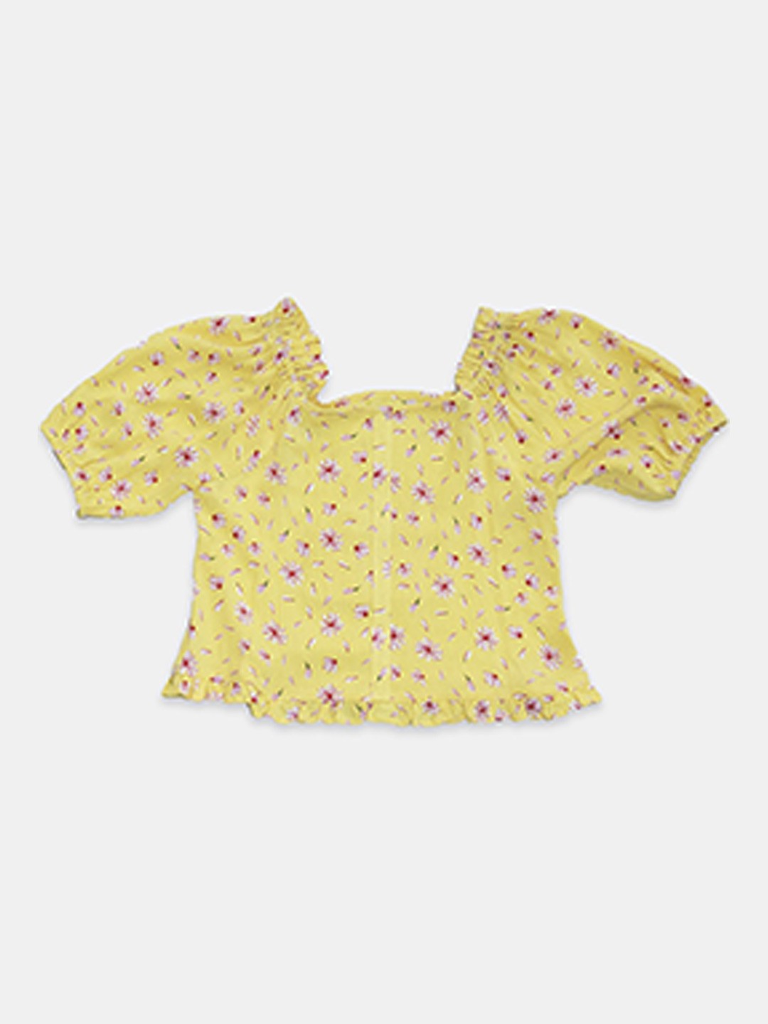 

Jade Garden Girls Yellow Floral Puff Sleeve Regular Top