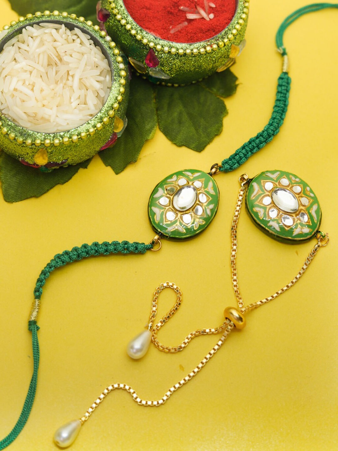

Shoshaa Green Reversible Design Meenakari Kundan Studded Bhai Bhabhi Rakhi Combo