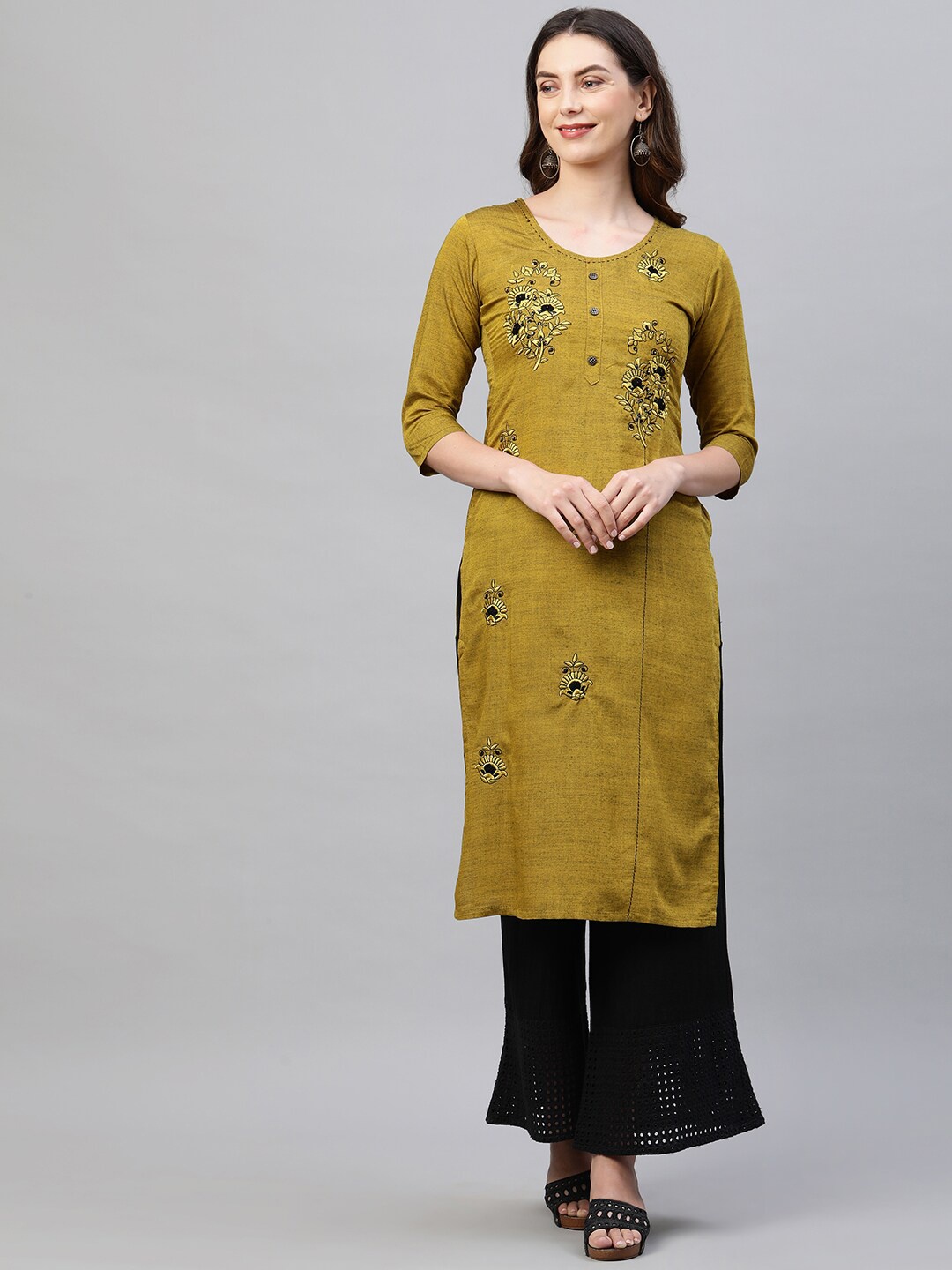 

FASHOR Women Mustard Yellow Ethnic Motifs Embroidered Kurta