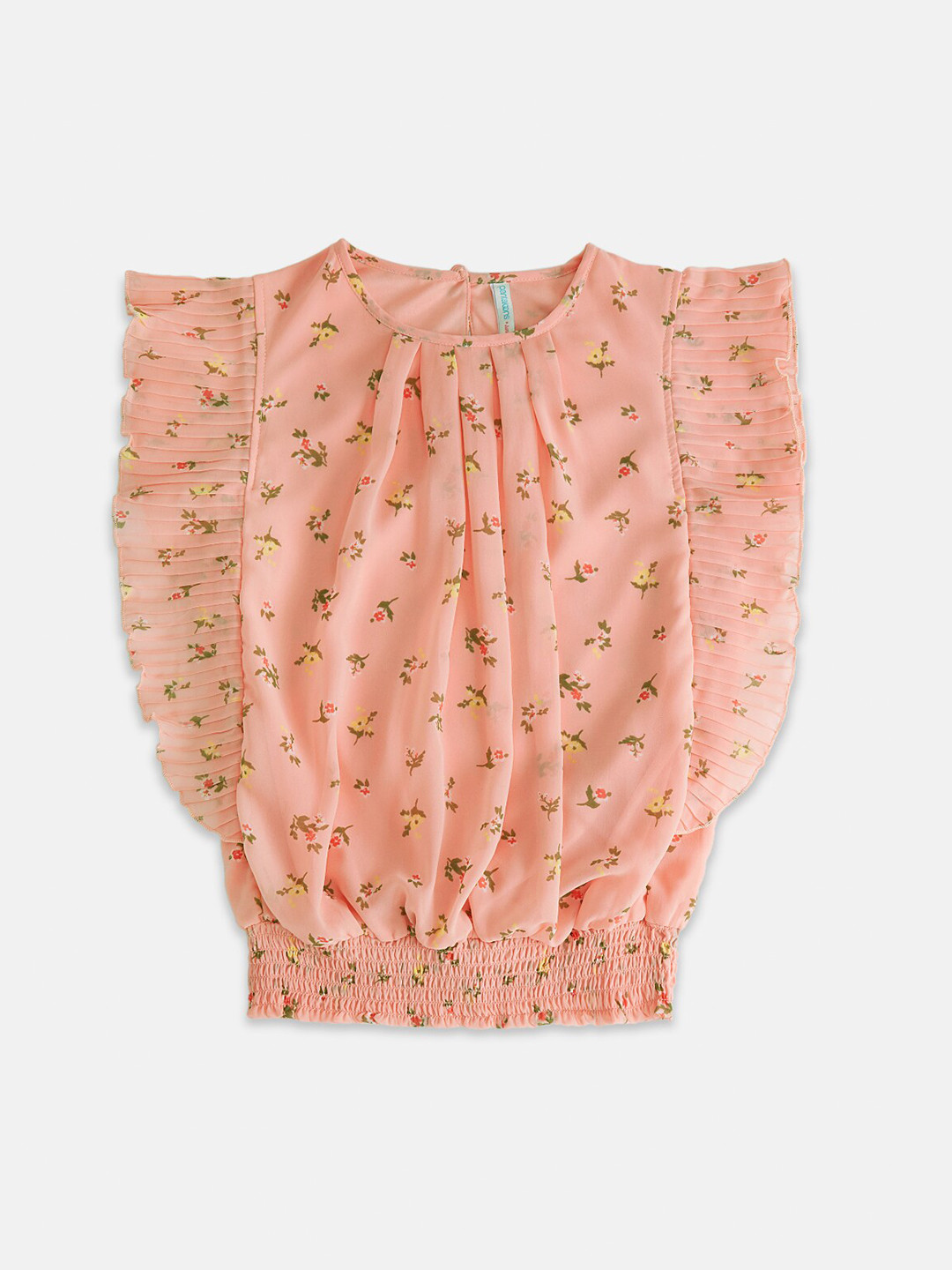 

Pantaloons Junior Coral Floral Flutter Sleeve Pure Silk Georgette Blouson Top