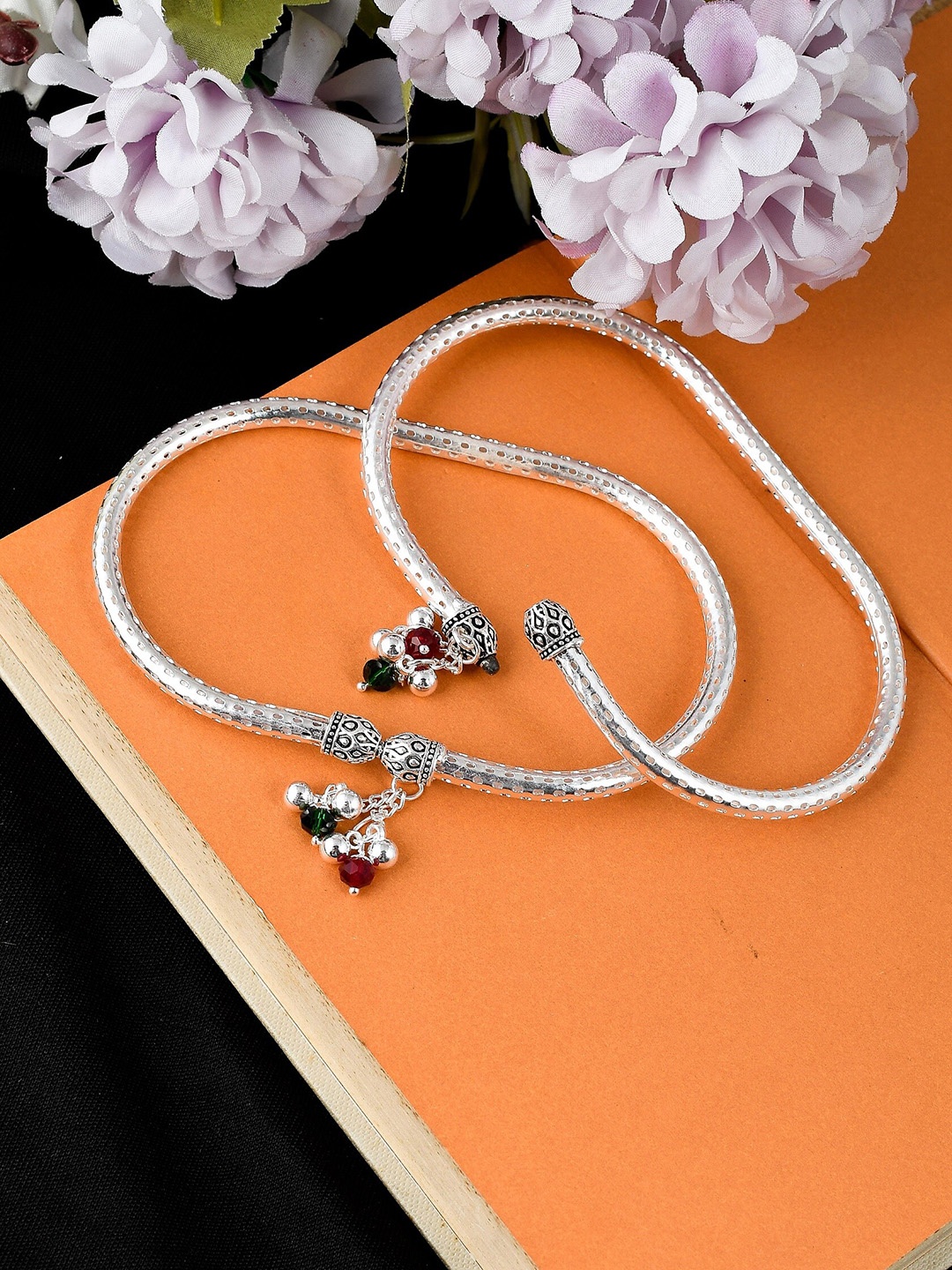 

Silvermerc Designs Silver-Plated Red & Black Stone-Studded Tanni Kada Anklets