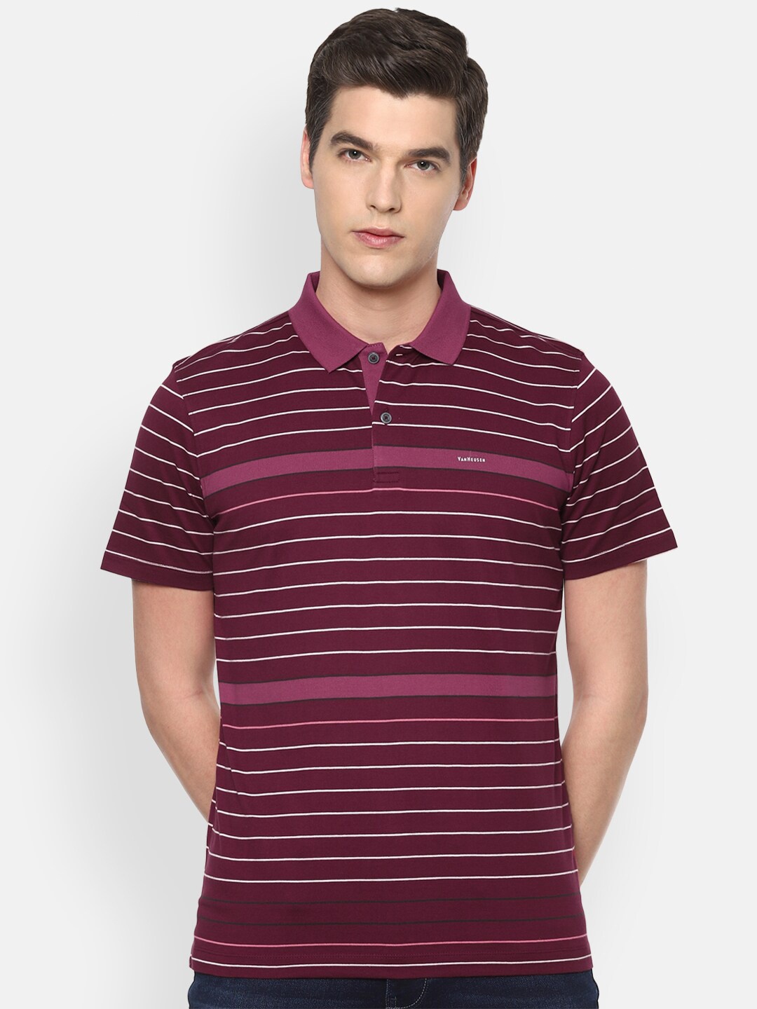 

Van Heusen Men Maroon Striped Polo Collar T-shirt
