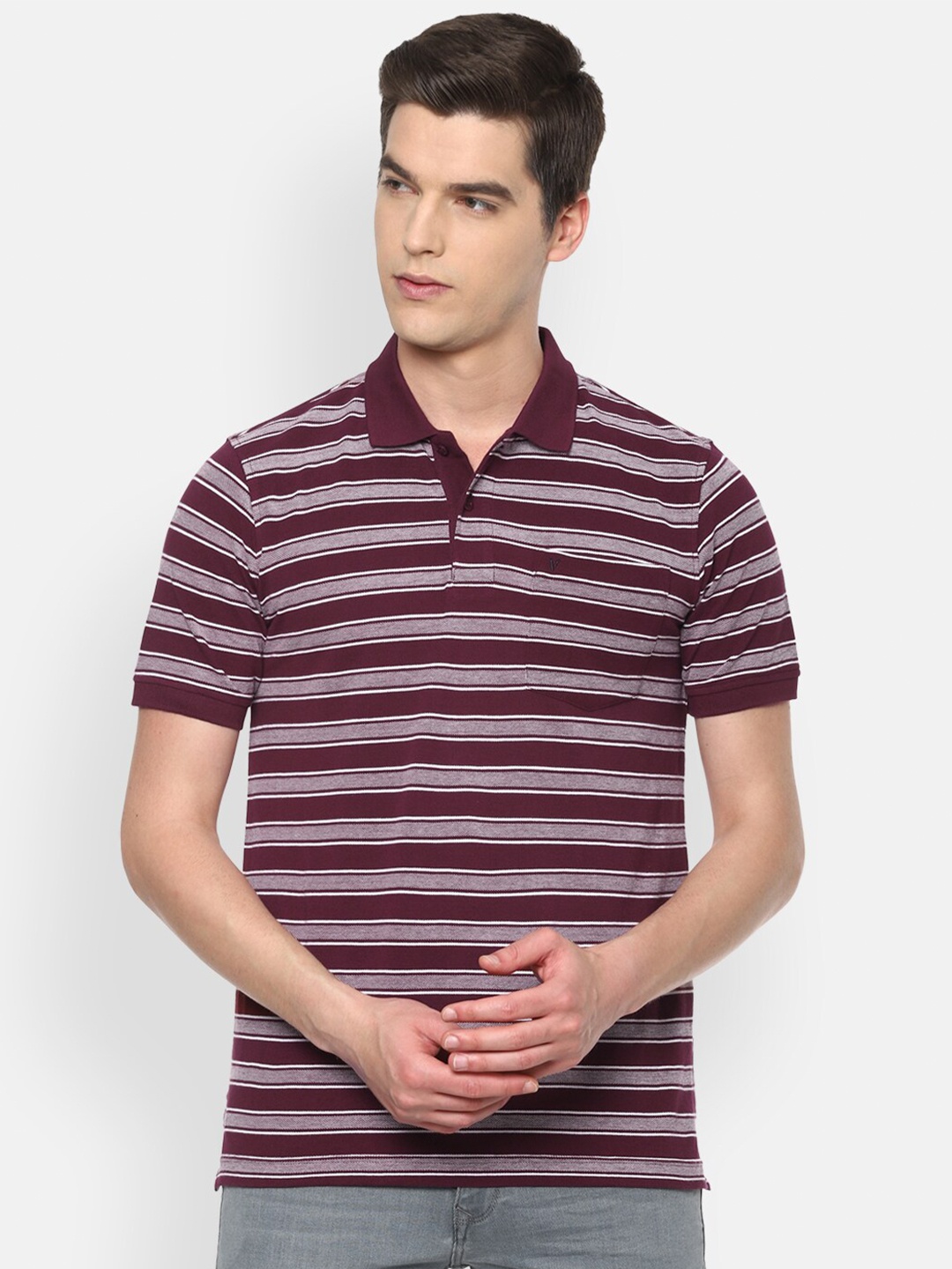 

Van Heusen Sport Men Maroon & White Striped Polo Collar Cotton T-shirt