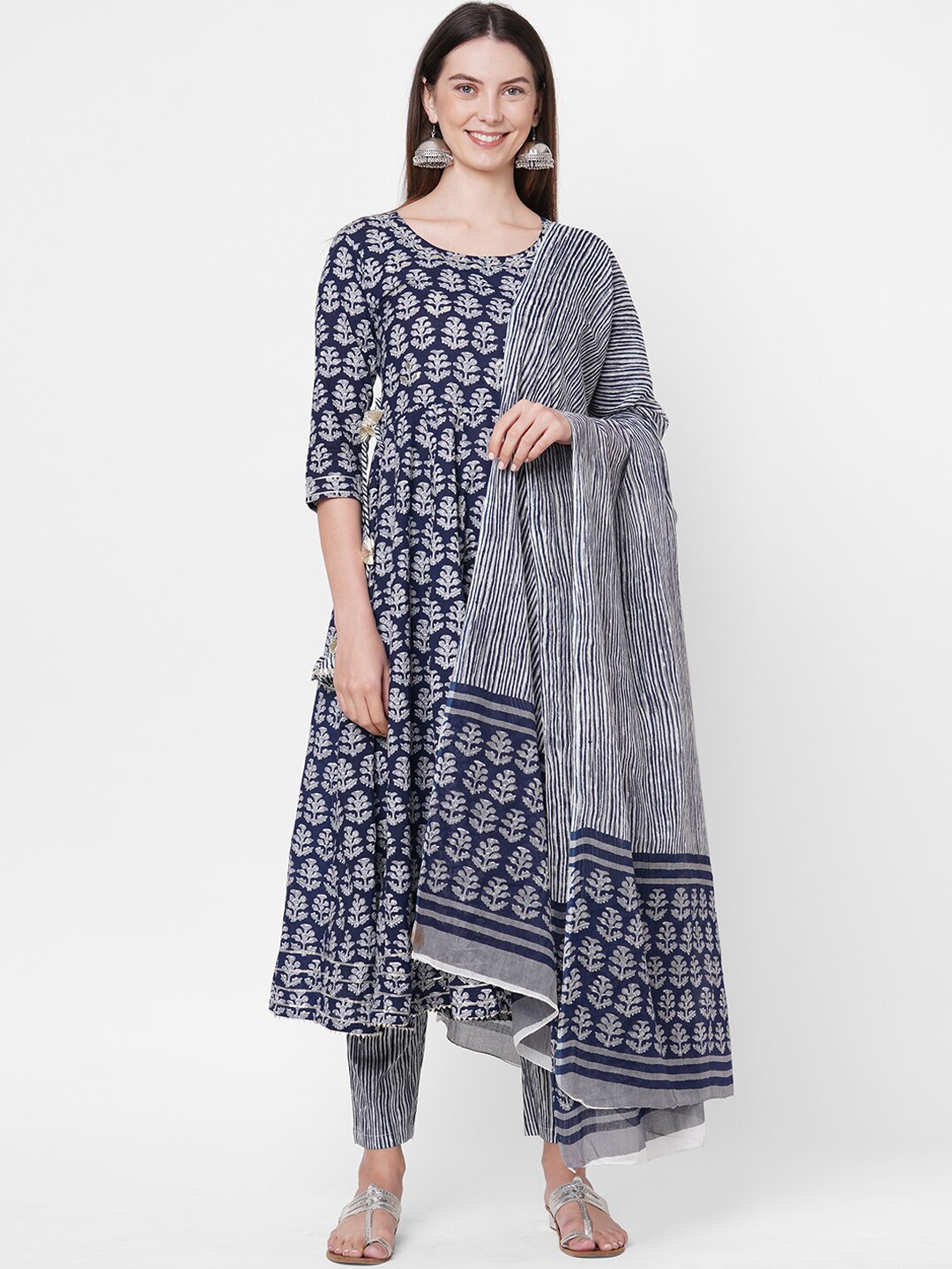 

FASHOR Women Navy Blue Printed Kurta with Trousers & Dupatta