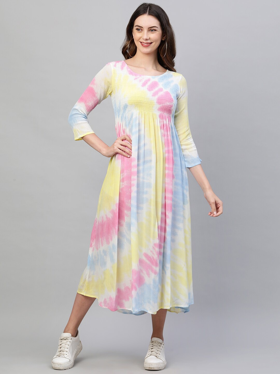 

FASHOR Women Multicoloured Tie and Dye Printed Smocked Empire Maxi Dress, Multi