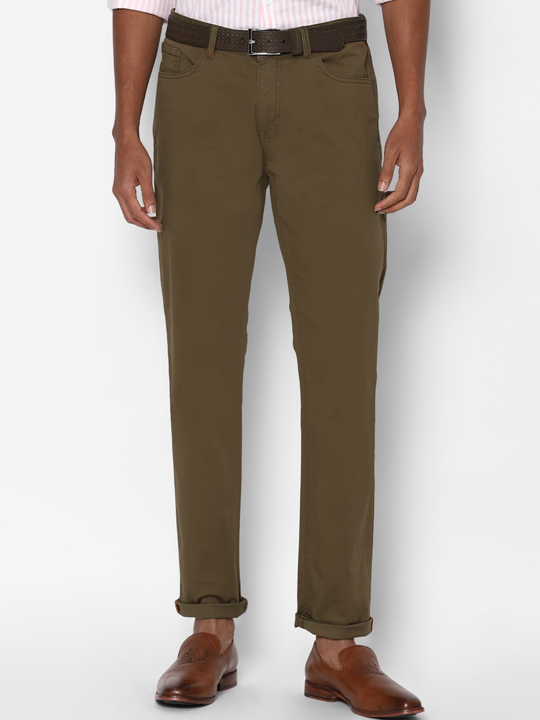 

Allen Solly Sport Men Olive Green Solid Slim Fit Trousers