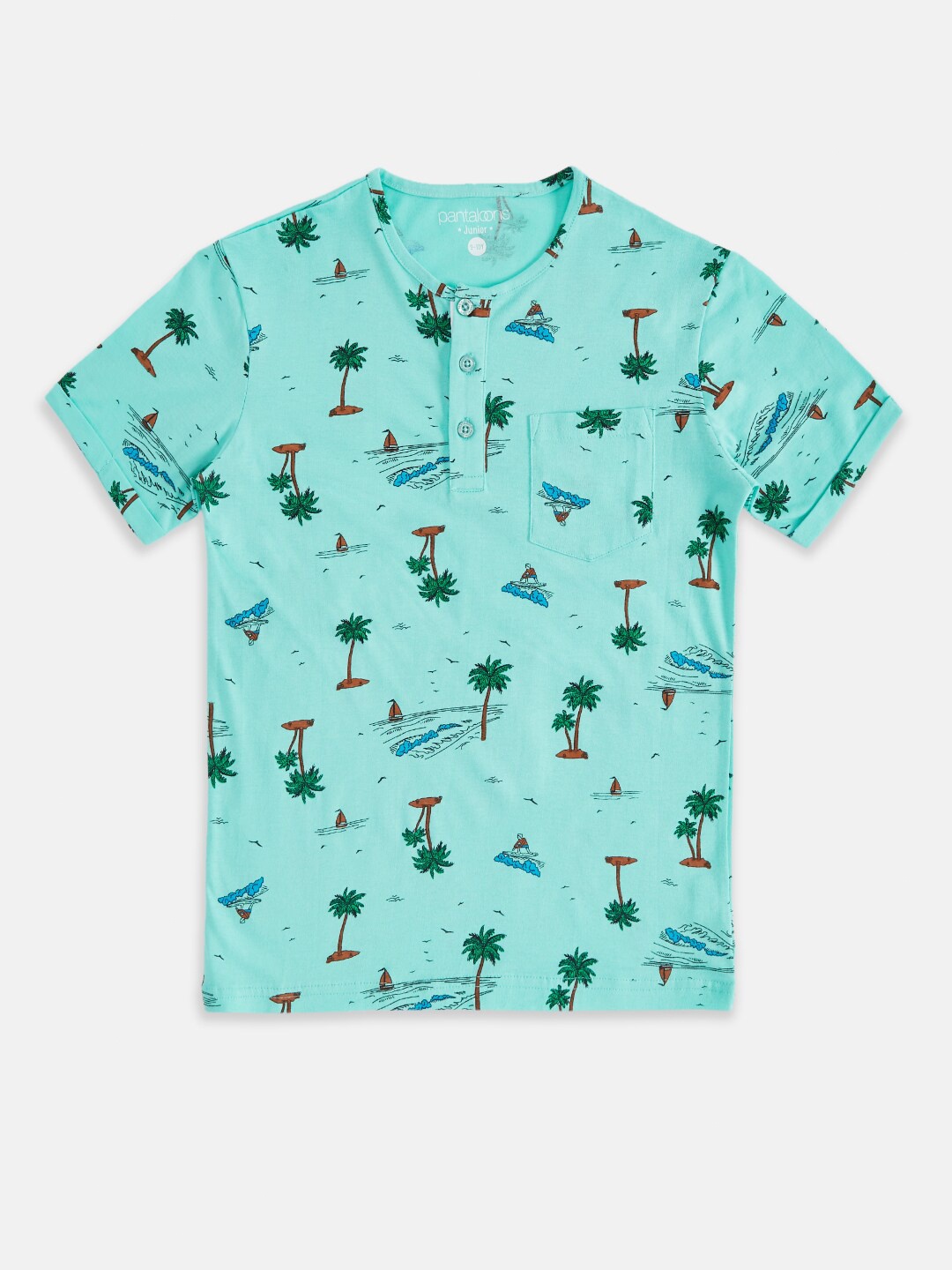 

Pantaloons Junior Boys Green Printed Henley Neck T-shirt