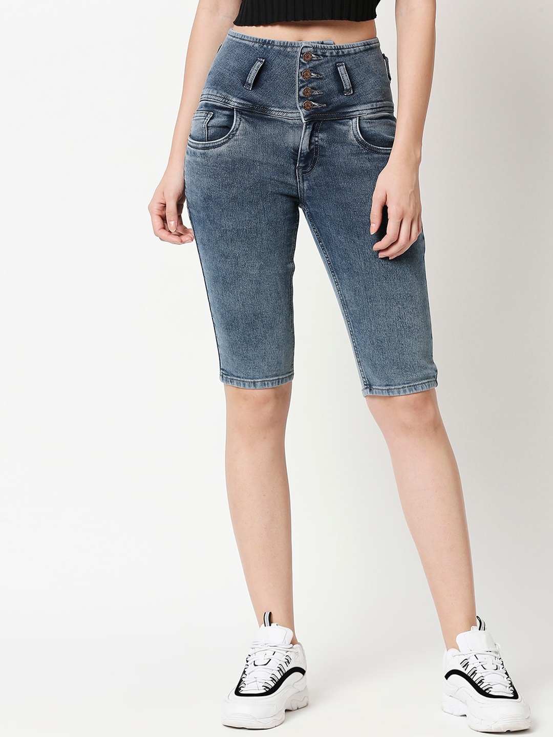 

High Star Women Blue Washed High-Rise Denim Shorts
