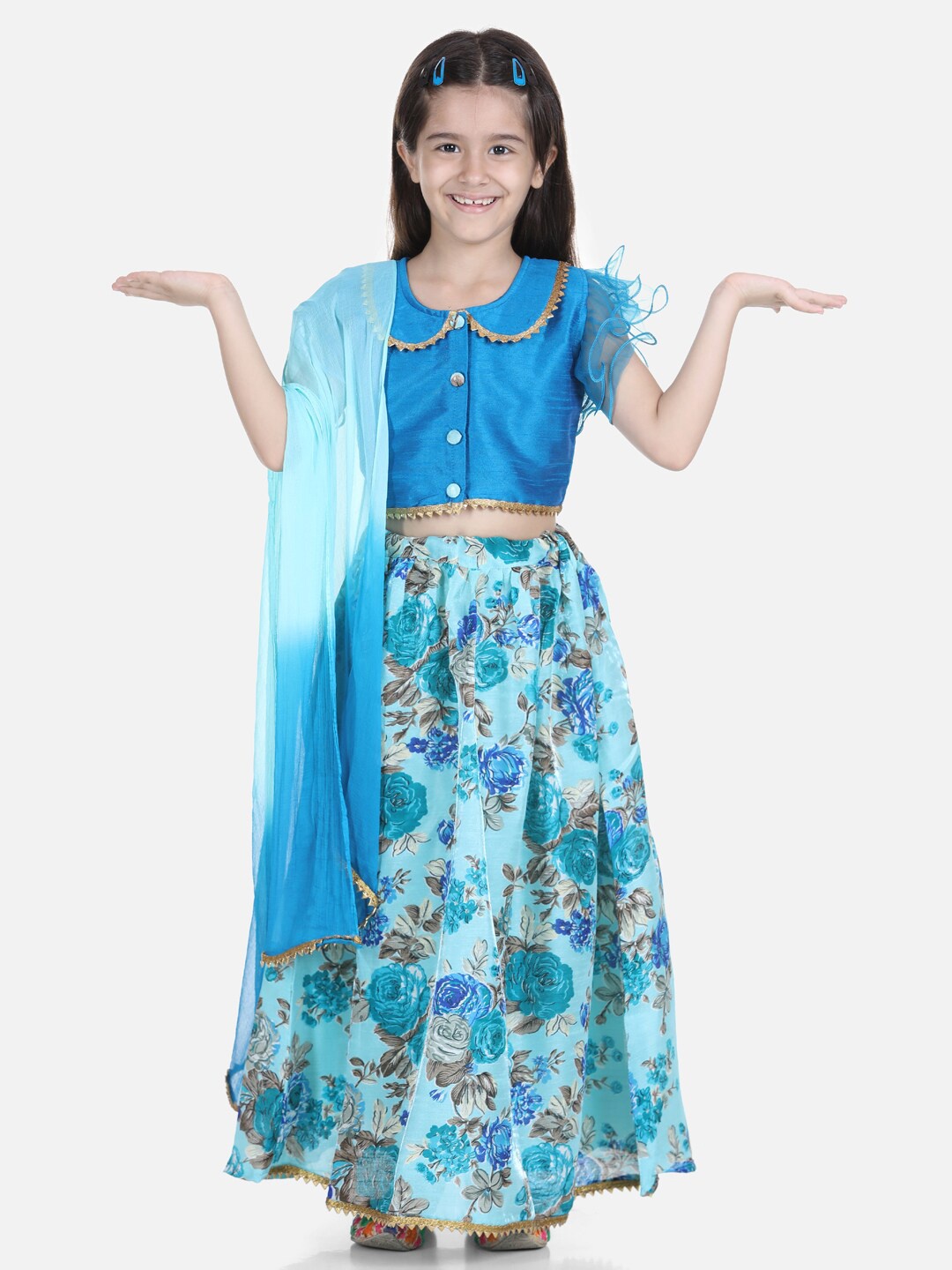 

BownBee Girls Blue & Grey Ready to Wear Lehenga & Blouse With Dupatta