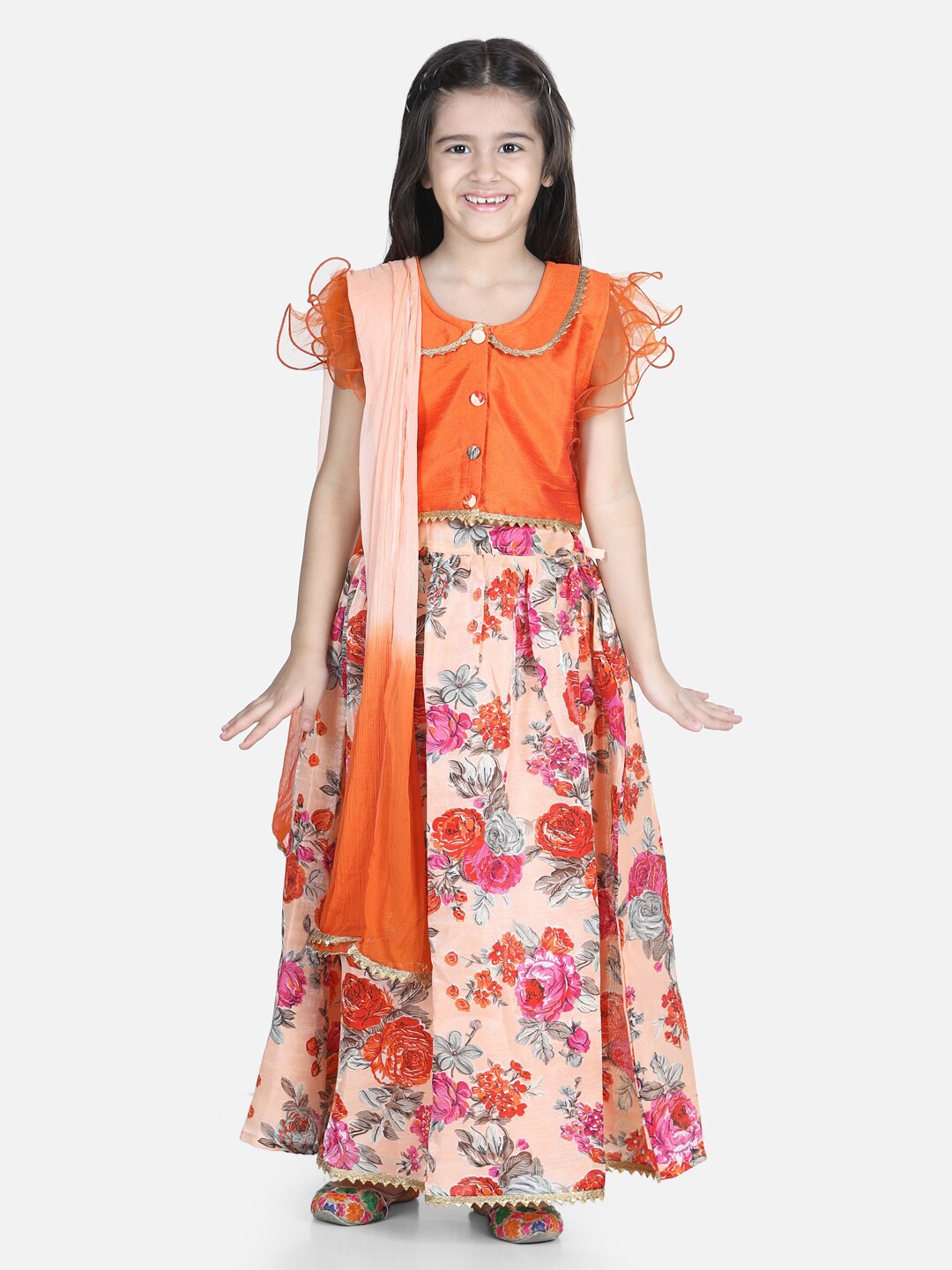 

BownBee Girls Orange & Pink Ready to Wear Lehenga & Blouse With Dupatta
