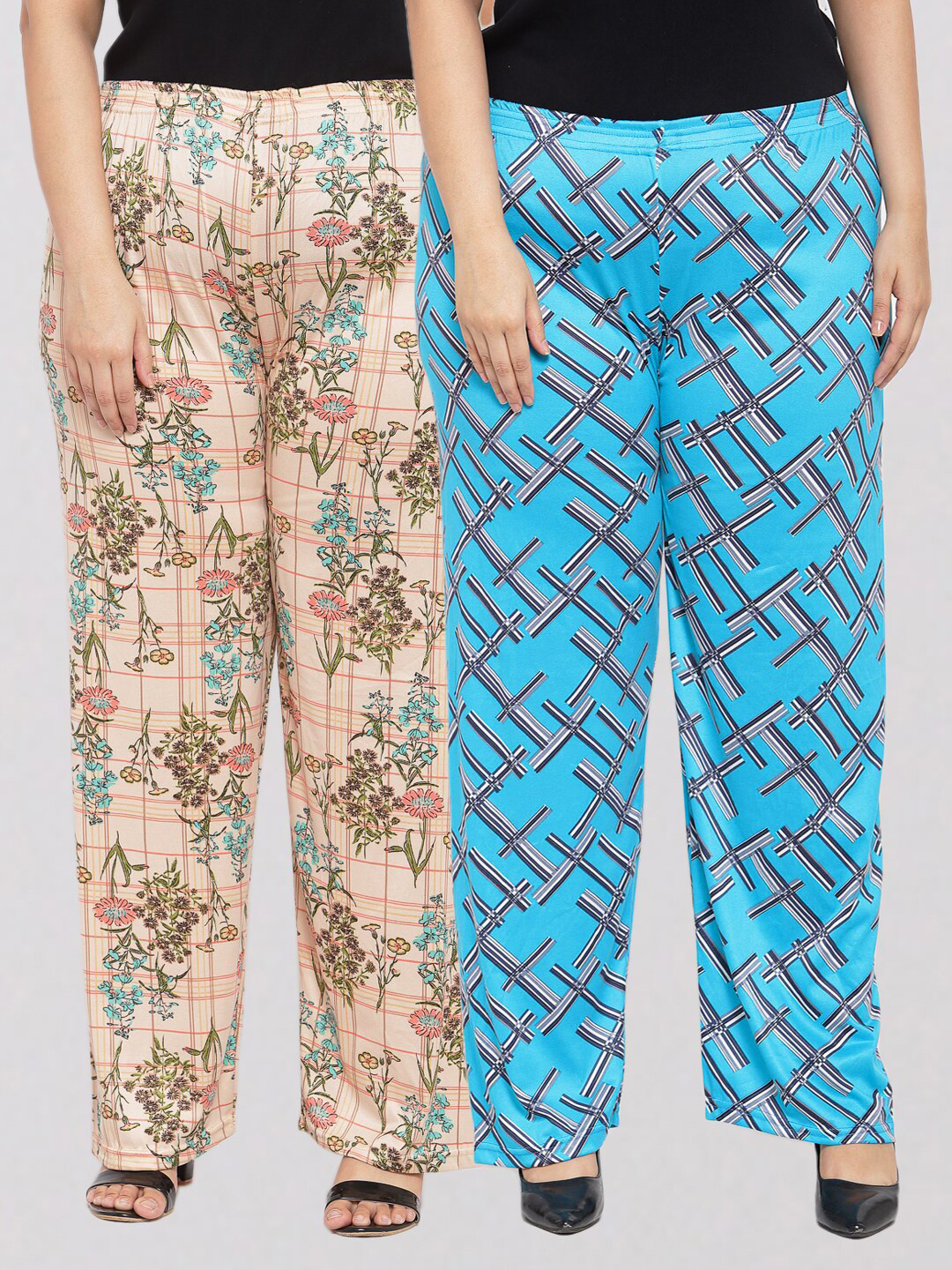 

KLOTTHE Women Set of 2 Beige & Turquoise Blue Printed Palazzos