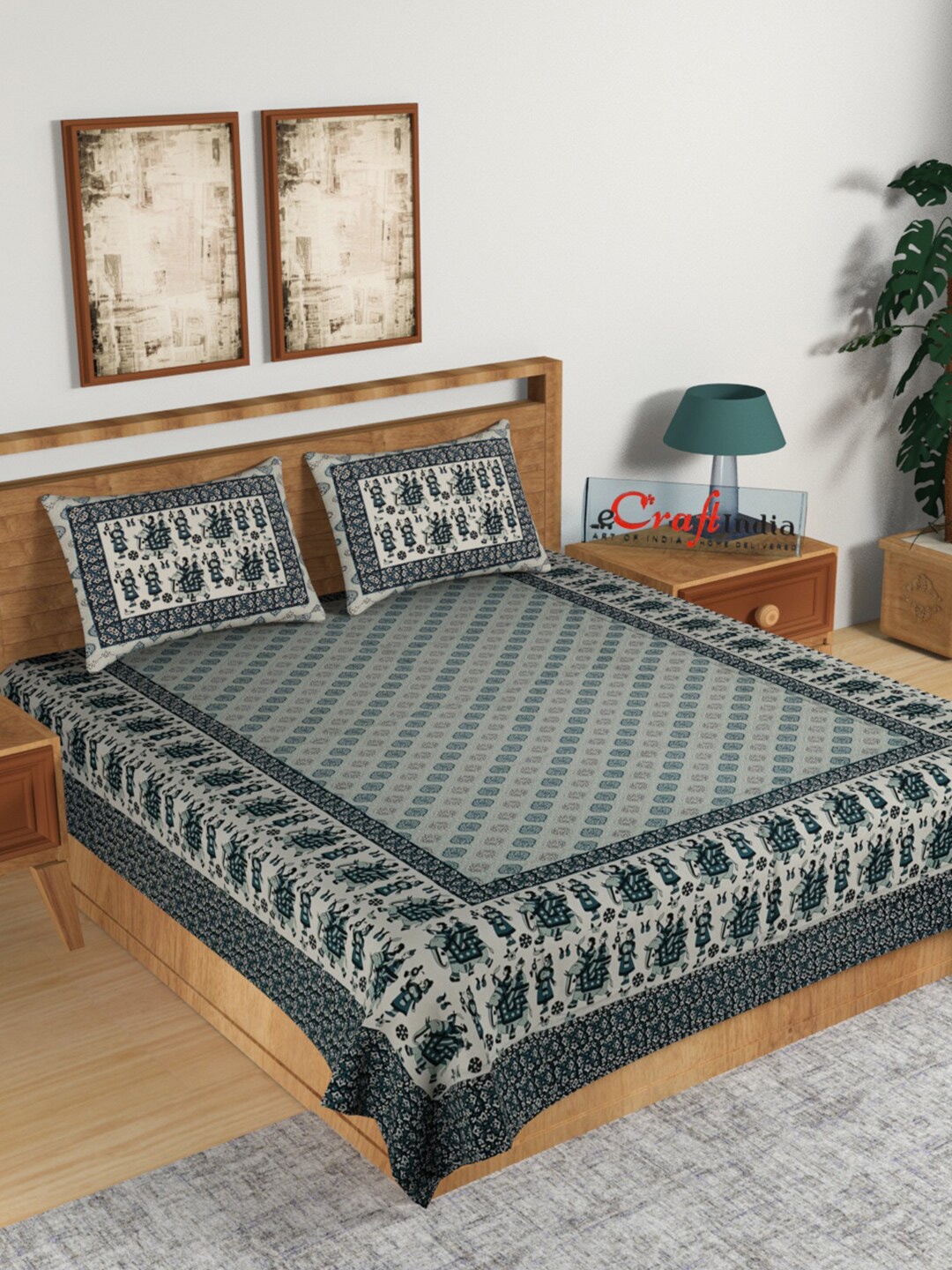

eCraftIndia Grey & Blue Ethnic Motifs 144 TC King Bedsheet with 2 Pillow Covers