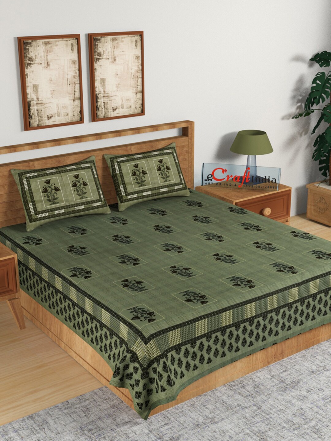 

eCraftIndia Green & Black Floral 180 TC Cotton King Bedsheet with 2 Pillow Covers