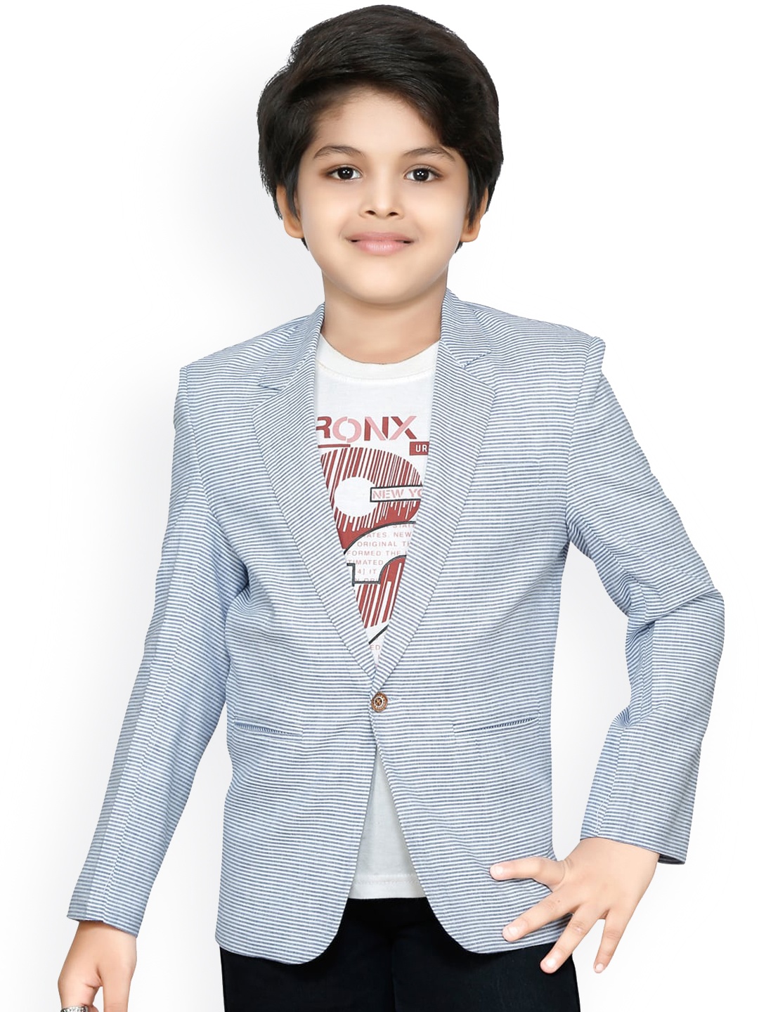 

RIKIDOOS Boys Blue & White Striped Cotton Comfort-Fit Single-Breasted Blazer