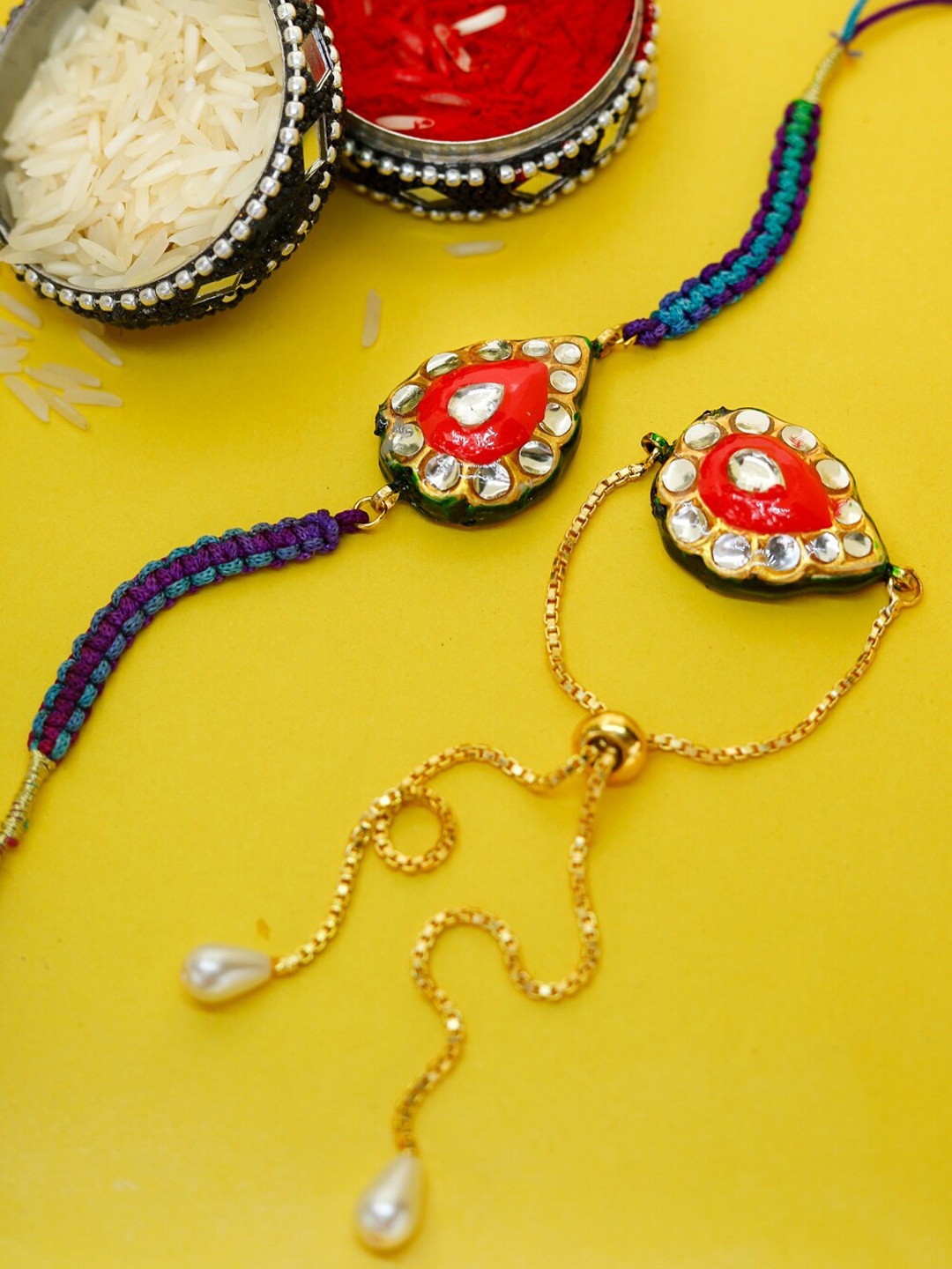 

Shoshaa Gold-Toned Red & Blue Meenakari Kundan Bracelete Bhai Bhabhi Rakhi, Magenta